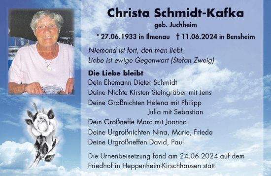 Traueranzeige von Christa Schmidt-Kafka von Starkenburger Echo