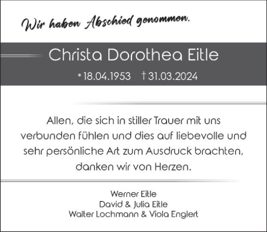 Traueranzeige von Christa Dorothea Eitle von Groß-Gerauer Echo