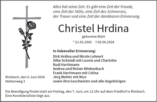 Traueranzeige von Christel Hrdina von Starkenburger Echo