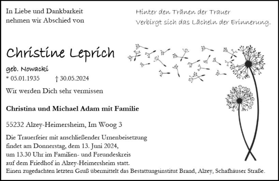 Traueranzeige von Christine Leprich von Allgemeine Zeitung Alzey