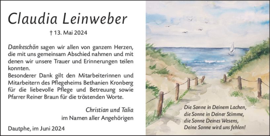 Traueranzeige von Claudia Leinweber von Hinterländer Anzeiger