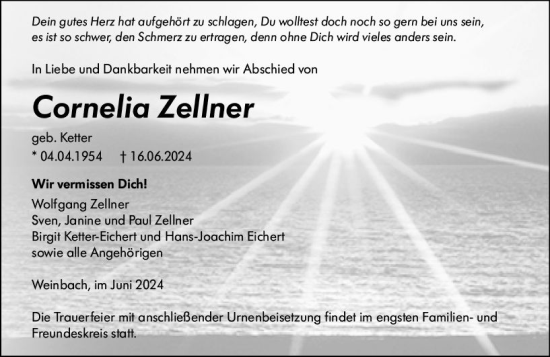 Traueranzeige von Cornelia Zehner von Weilburger Tageblatt