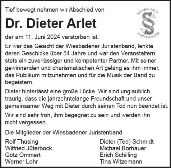 Traueranzeige von Dieter Arlet von Wiesbadener Kurier