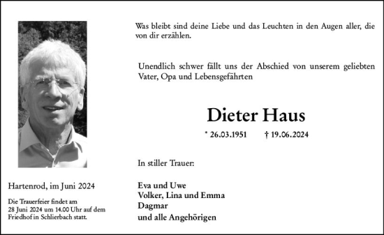 Traueranzeige von Dieter Haus von Hinterländer Anzeiger