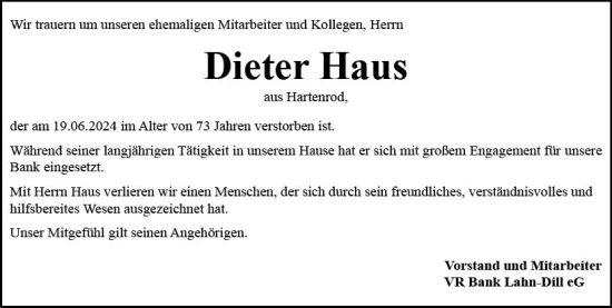 Traueranzeige von Dieter Haus von Hinterländer Anzeiger