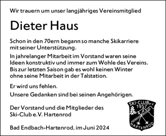 Traueranzeige von Dieter Haus von Hinterländer Anzeiger