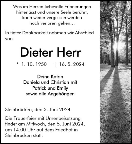 Traueranzeige von Dieter Herr von Dill Block