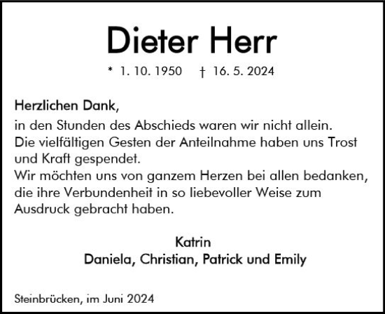 Traueranzeige von Dieter Herr von Dill Block