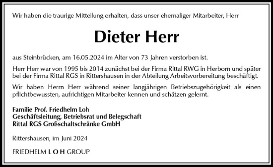 Traueranzeige von Dieter Herr von Dill Block