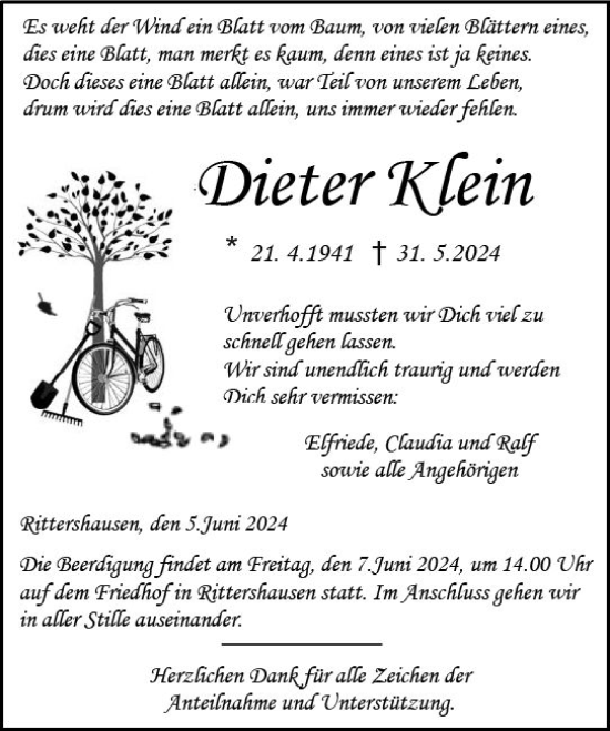 Traueranzeige von Dieter Klein von Dill Block