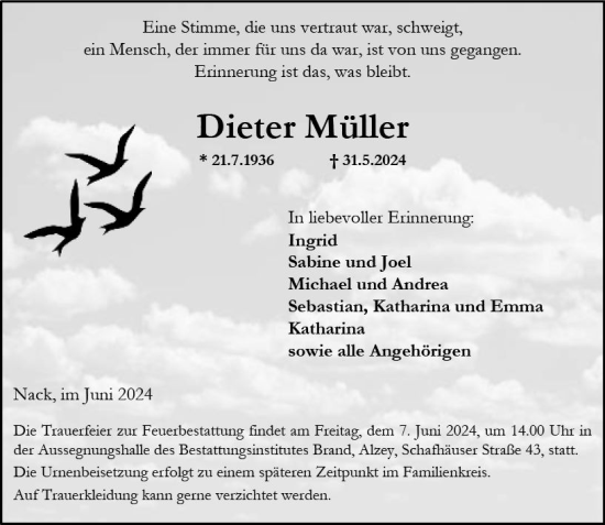 Traueranzeige von Dieter Müller von Allgemeine Zeitung Alzey