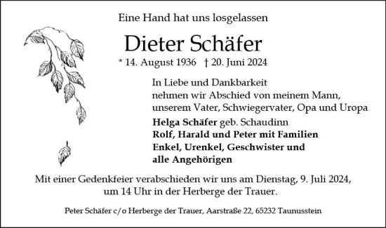 Traueranzeige von Dieter Schäfer von Wiesbadener Kurier