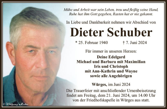Traueranzeige von Dieter Schuber von Camberger Anzeiger