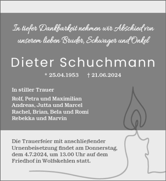 Traueranzeige von Dieter Schuchmann von Darmstädter Echo