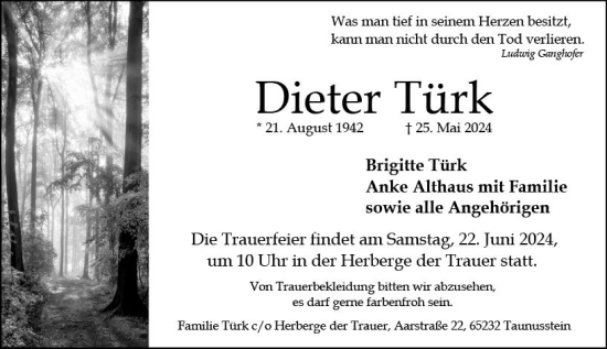 Traueranzeige von Dieter Türk von Wiesbadener Kurier