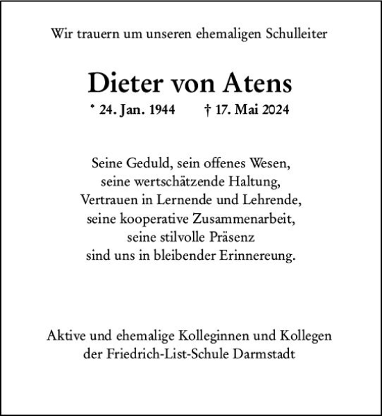 Traueranzeige von Dieter von Atens von Darmstädter Echo
