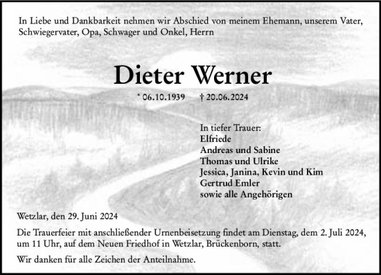 Traueranzeige von Dieter Werner von Wetzlarer Neue Zeitung