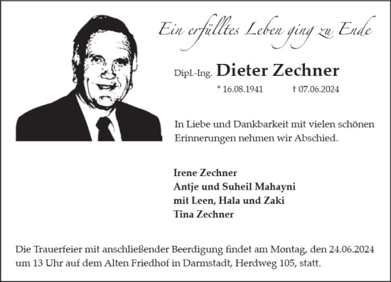 Traueranzeige von Dieter Zechner von Darmstädter Echo