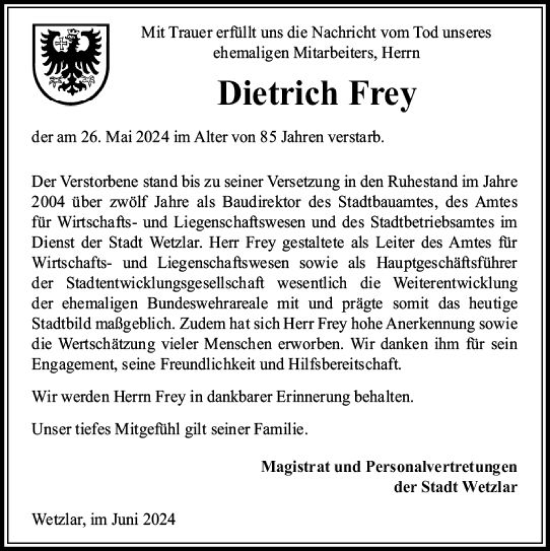 Traueranzeige von Dietrich Frey von Wetzlarer Neue Zeitung