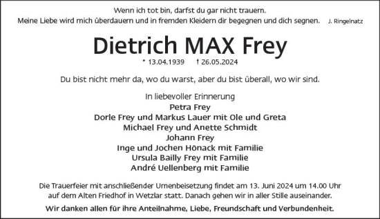 Traueranzeige von Dietrich Max  Frey von Wetzlarer Neue Zeitung