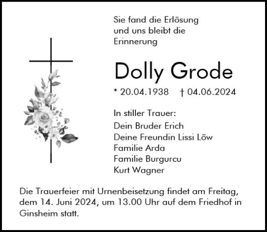 Traueranzeige von Dolly Grode von Allgemeine Zeitung Mainz