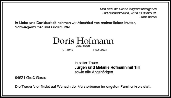 Traueranzeige von Doris Hofmann von Groß-Gerauer Echo
