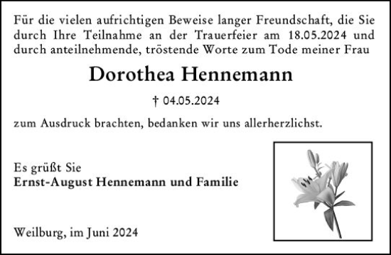Traueranzeige von Dorothea Hennemann von Weilburger Tageblatt