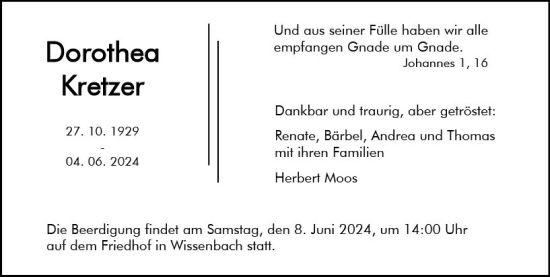 Traueranzeige von Dorothea Kretzer von Dill Block