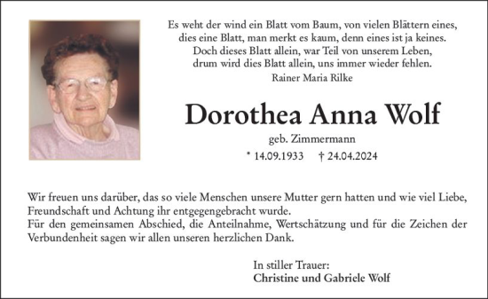 Traueranzeige von Dorothea Anna Wolf von Weilburger Tageblatt