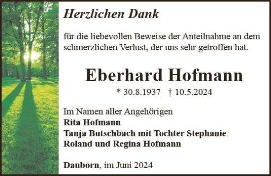 Traueranzeige von Eberhard Hofmann von Camberger Anzeiger