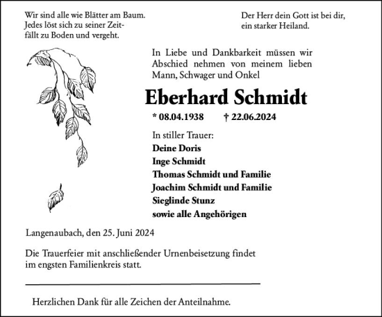 Traueranzeige von Eberhard Schmidt von Dill Block