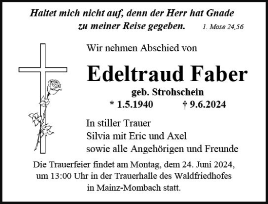 Traueranzeige von Edeltraud Faber von Allgemeine Zeitung Mainz