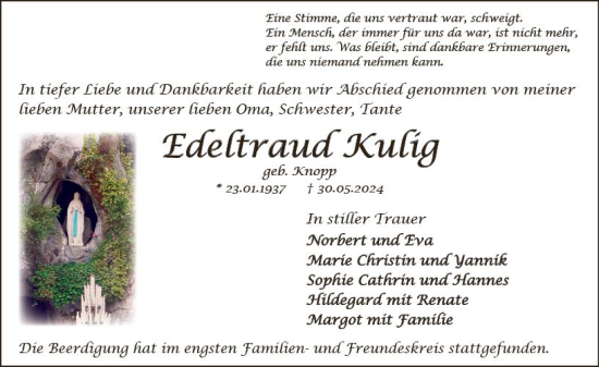 Traueranzeige von Edeltraud Kulig von Wetzlarer Neue Zeitung