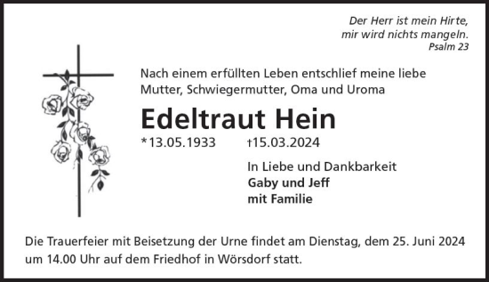 Traueranzeige von Edeltraut Hein von Idsteiner Land/Untertaunus