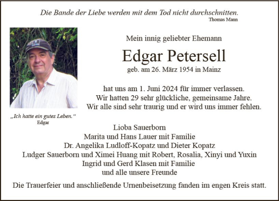 Traueranzeige von Edgar Petersell von Allgemeine Zeitung Mainz