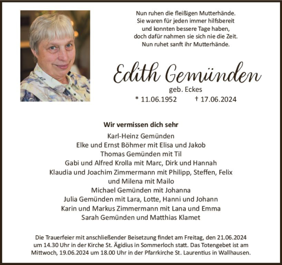 Traueranzeige von Edith Gemünden von Allgemeine Zeitung Bad Kreuznach