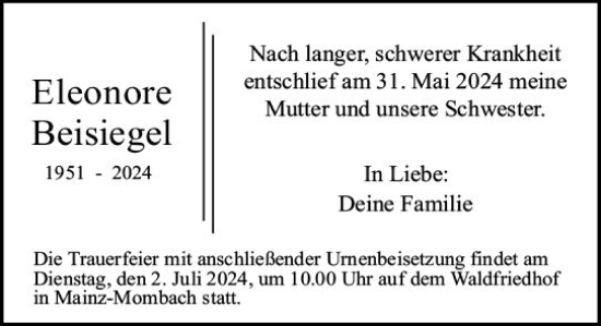 Traueranzeige von Eleonore Beisiegel von Allgemeine Zeitung Mainz