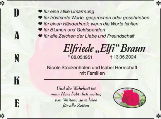 Traueranzeige von Elfriede Braun von Wetzlarer Neue Zeitung