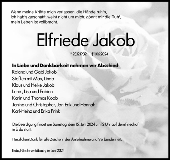 Traueranzeige von Elfriede Jakob von Wetzlarer Neue Zeitung