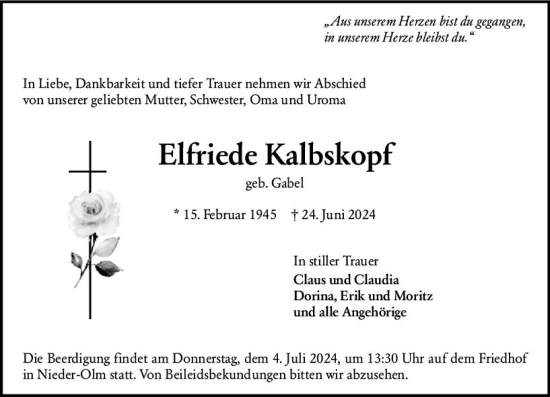 Traueranzeige von Elfriede Kalbskopf von Allgemeine Zeitung Mainz
