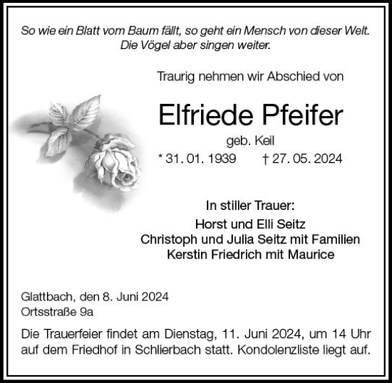 Traueranzeige von Elfriede Pfeifer von Starkenburger Echo