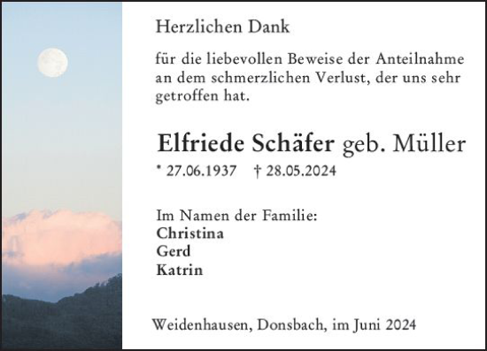 Traueranzeige von Elfriede Schäfer von Hinterländer Anzeiger