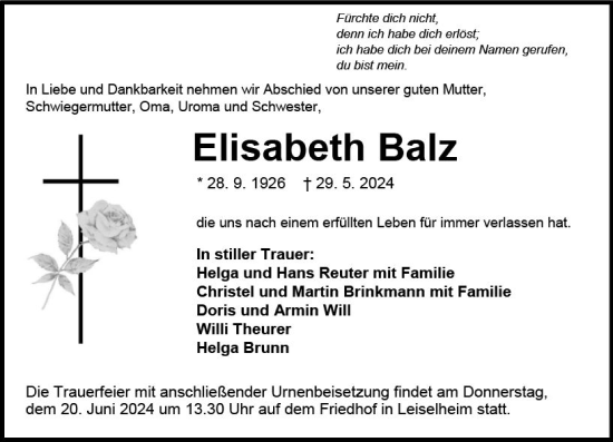 Traueranzeige von Elisabeth Balz von Wormser Zeitung