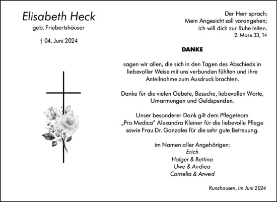 Traueranzeige von Elisabeth Heck von Hinterländer Anzeiger