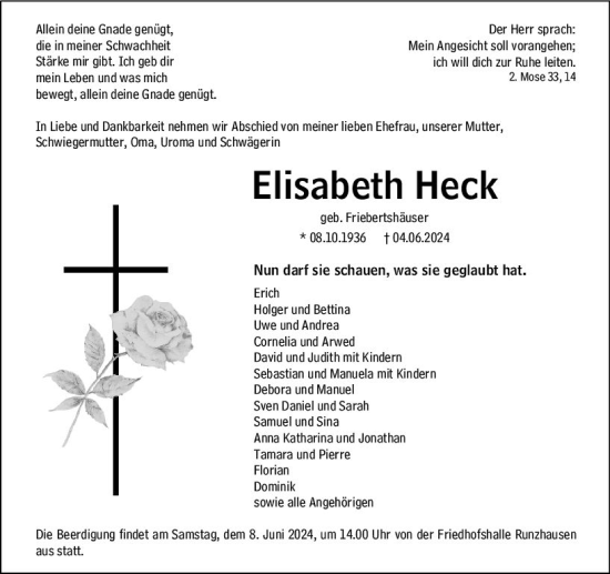 Traueranzeige von Elisabeth Heck von Hinterländer Anzeiger