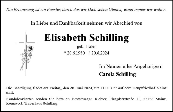 Traueranzeige von Elisabeth Schilling von Allgemeine Zeitung Mainz