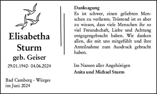 Traueranzeige von Elisabetha Sturm von Camberger Anzeiger
