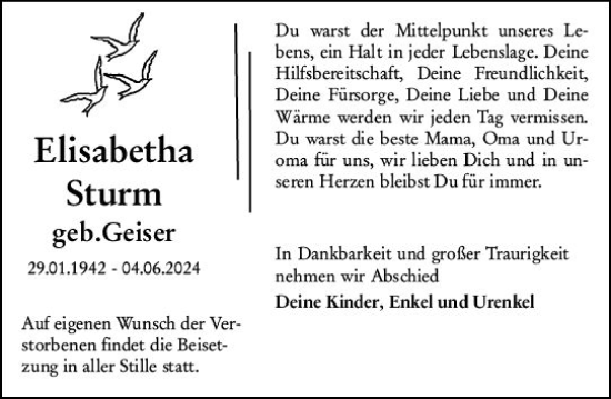 Traueranzeige von Elisabetha Sturm von Camberger Anzeiger