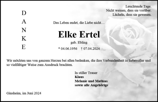 Traueranzeige von Elke Ertel von Allgemeine Zeitung Mainz