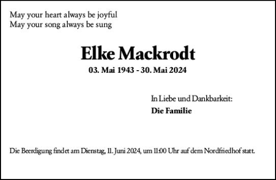 Traueranzeige von Elke Mackrodt von Wiesbadener Kurier